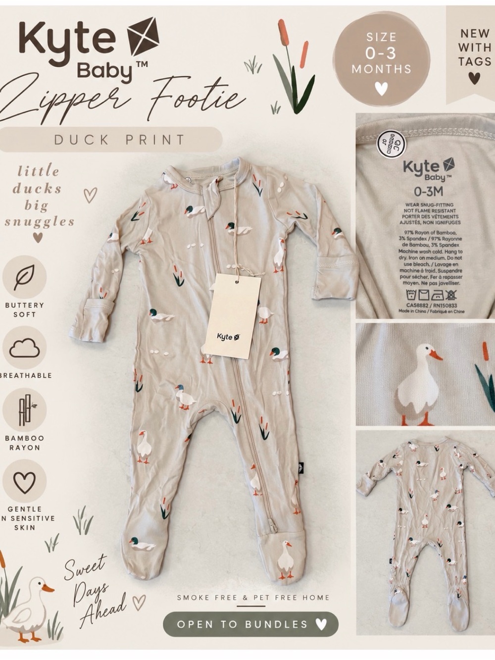 🦆 Kyte Baby “Duck” Zipper Footie – 0–3M – NWT